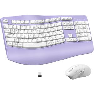 Ergonomic Wireless Keyboard and Mouse Combo, Wave Keys Keyboard with Wrist Rest for Natural Typing, 3 DPI Adjustable Ergonomic Silent Mouse for Computer/Laptop/Windows/Mac (Purple)