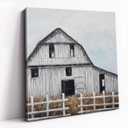 Poemwish Country Wall Art, Realistic Country Wall Decor, Canvas Wall Art in Weathered White and Brown, Pastoral Farm Scene with Wooden Fence, 16L"×16W"