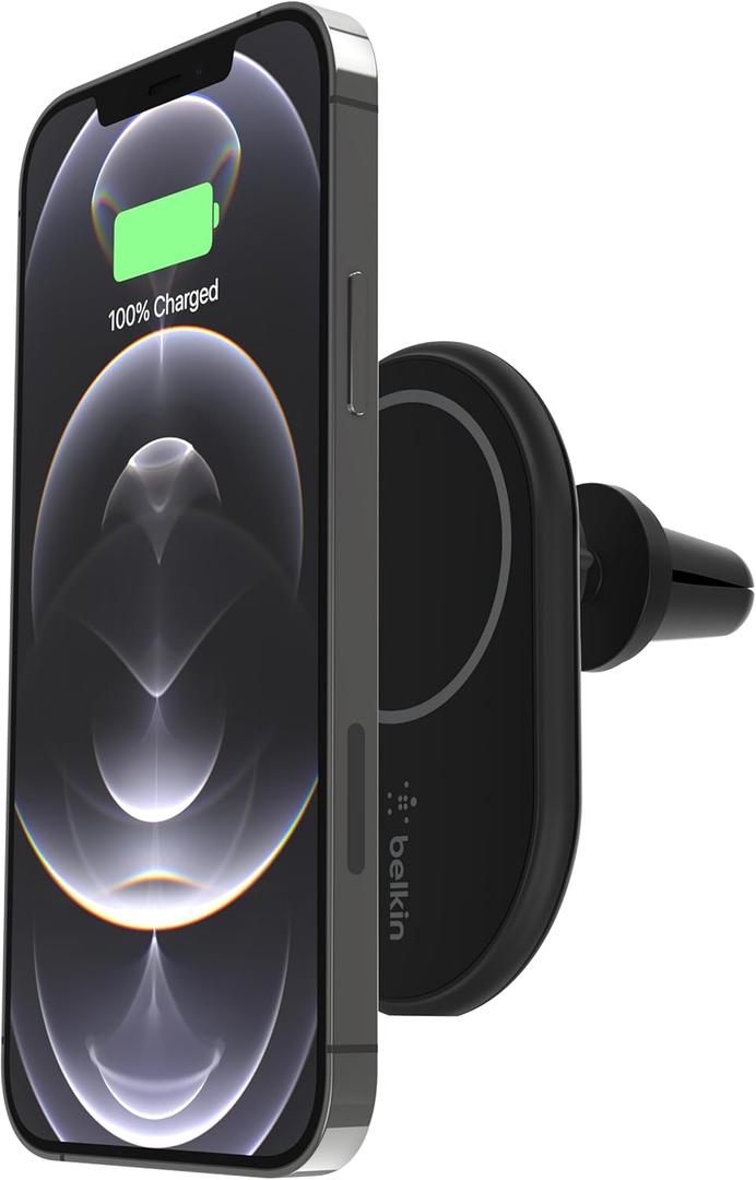 Belkin MagSafe-Compatible Magnetic Wireless Car Charger 10W - Wireless Charger, Magnetic Car Vent Phone Mount for iPhone 17, iPhone 16, 15, & 14 Series, Pixel 10 (Power Supply Included) - Black