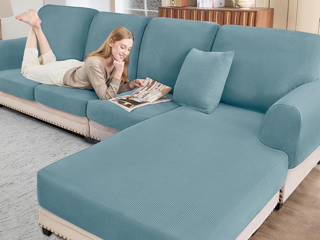 Sectional Couch Covers for Sofa Cushion L Shaped Couch Cover Washable Soft Couch Cushion Covers Stretch Sofa Slipcovers with 2 Pcs Pillowcases(3-Piece 2 Seater + 1 Chaise, Blue)