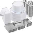 700 PCS Silver Dinnerware Set for 100 Guests, Plastic Dinnerware Set for Party, Include: 100 Dinner Plates100 Dessert Plates, 100 Silver Plastic Silverware Set, 100 Cups, 100 Paper Napkins