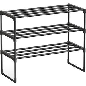 SONGMICS Shoe Rack, 3-Tier Shoe Organizer, Metal Storage Shelf, Upright or Upside Down, for 8-12 Pairs, Stackable, for Entryway, 11.8 x 26.8 x 21.7 Inches, Black ULSA203B01