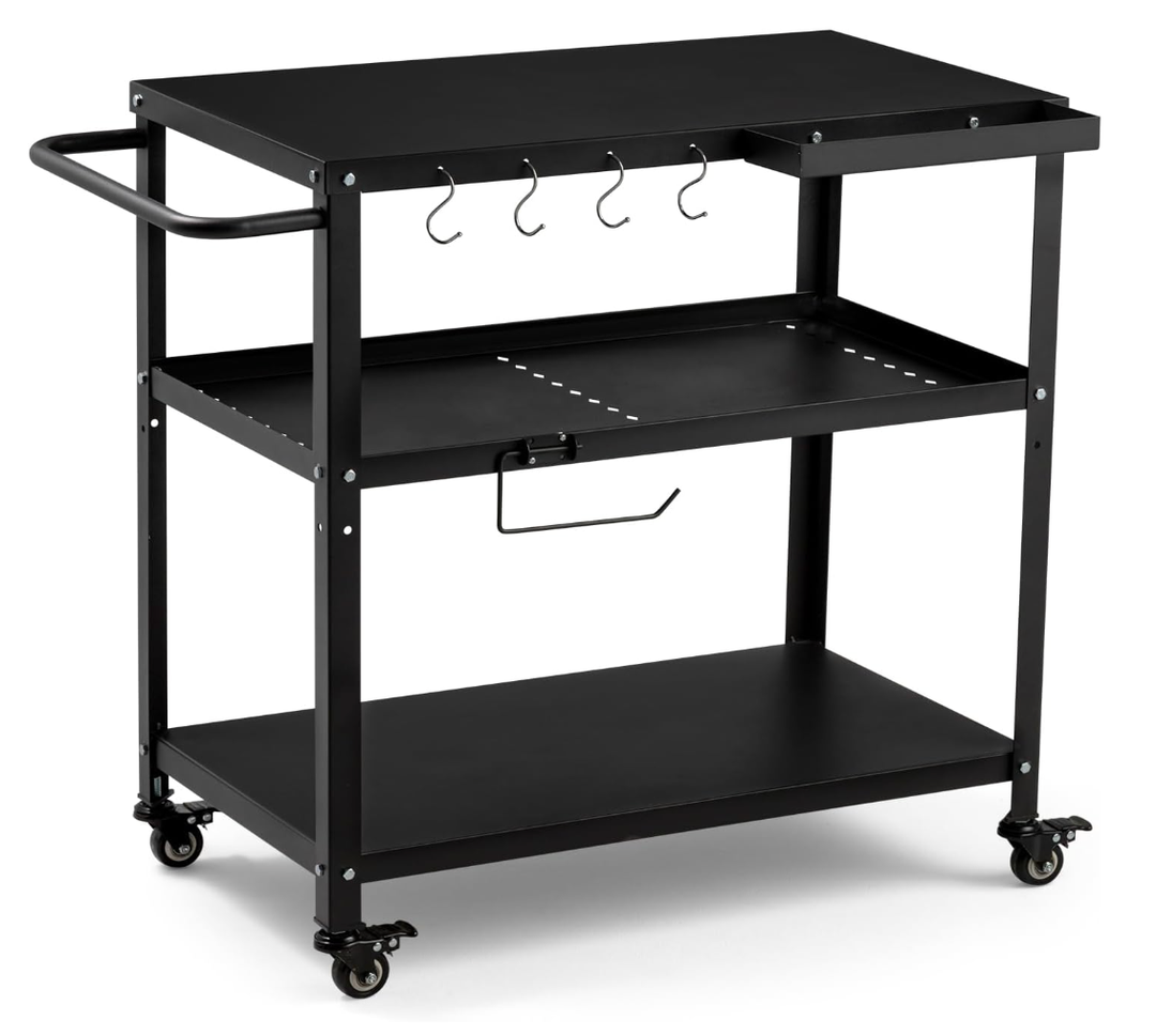 GVGBUK Outdoor Grill Cart Table,Indoor and Outdoor Pizza Oven Table,with 4 Movable Total Lock Casters, Hooks, Side Handle Multifunctional (Black) (Stainless Steel)