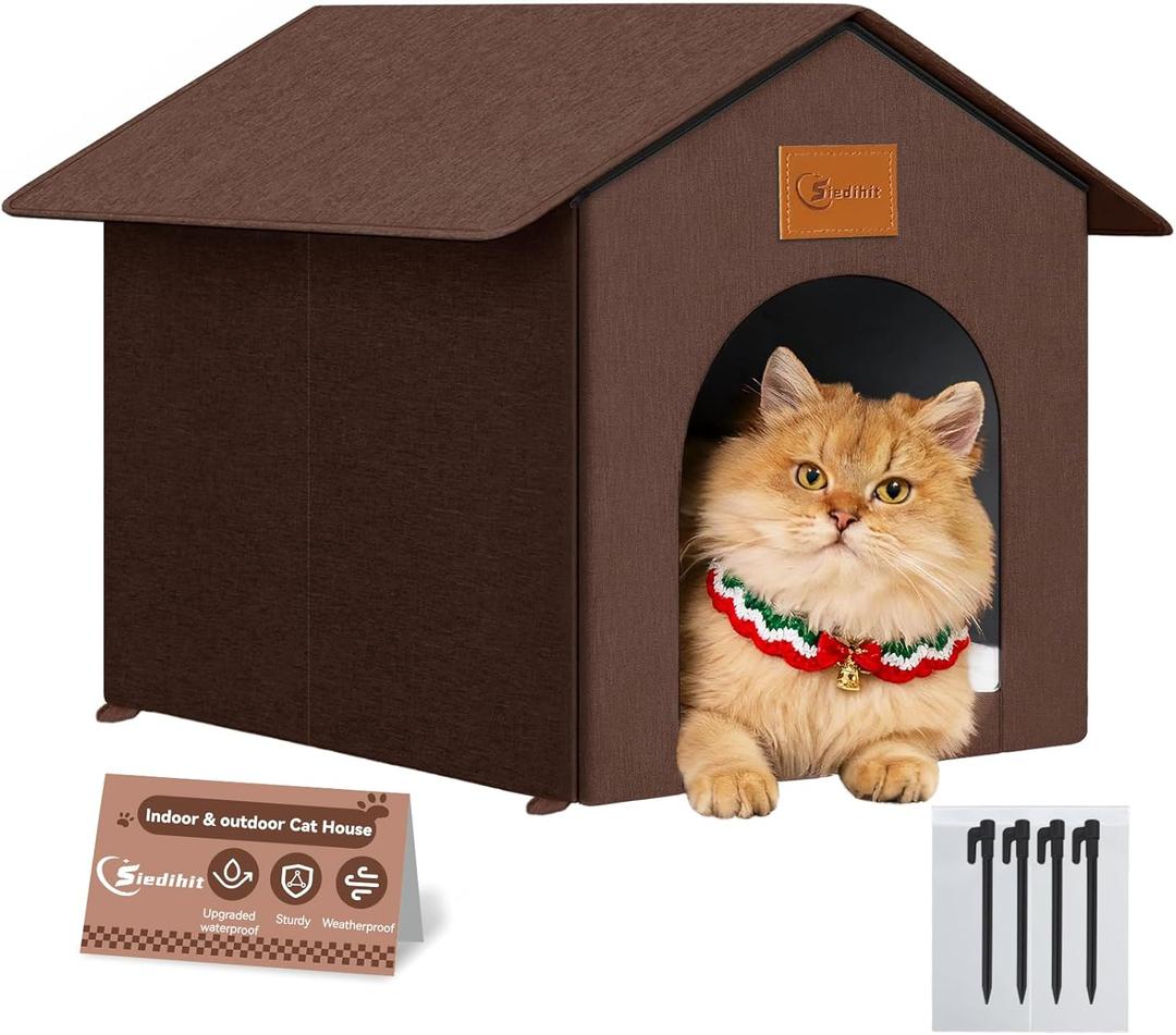 Outdoor Cat House for Shelter Feral Cat, Outside Waterproof Cat House for Outdoor/Indoor Cats, Insulated Cat Bed for All Seasons with Cozy Cushion (Brown, Large Zip Style)