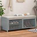 Multipurpose Entryway Storage Bench with Shutter Doors, 43.3" Wooden Shoe Organizer with Upholstered Seat for Entryway, Hallway and Living Room