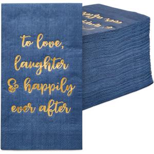 Sparkle and Bash Navy Blue Dinner Napkins for Wedding Reception Party with Gold Foil - To Love, Laughter & Happily Ever After (4 x 8 Inch), Pack of 100 - Bridal Shower - Wedding Plates