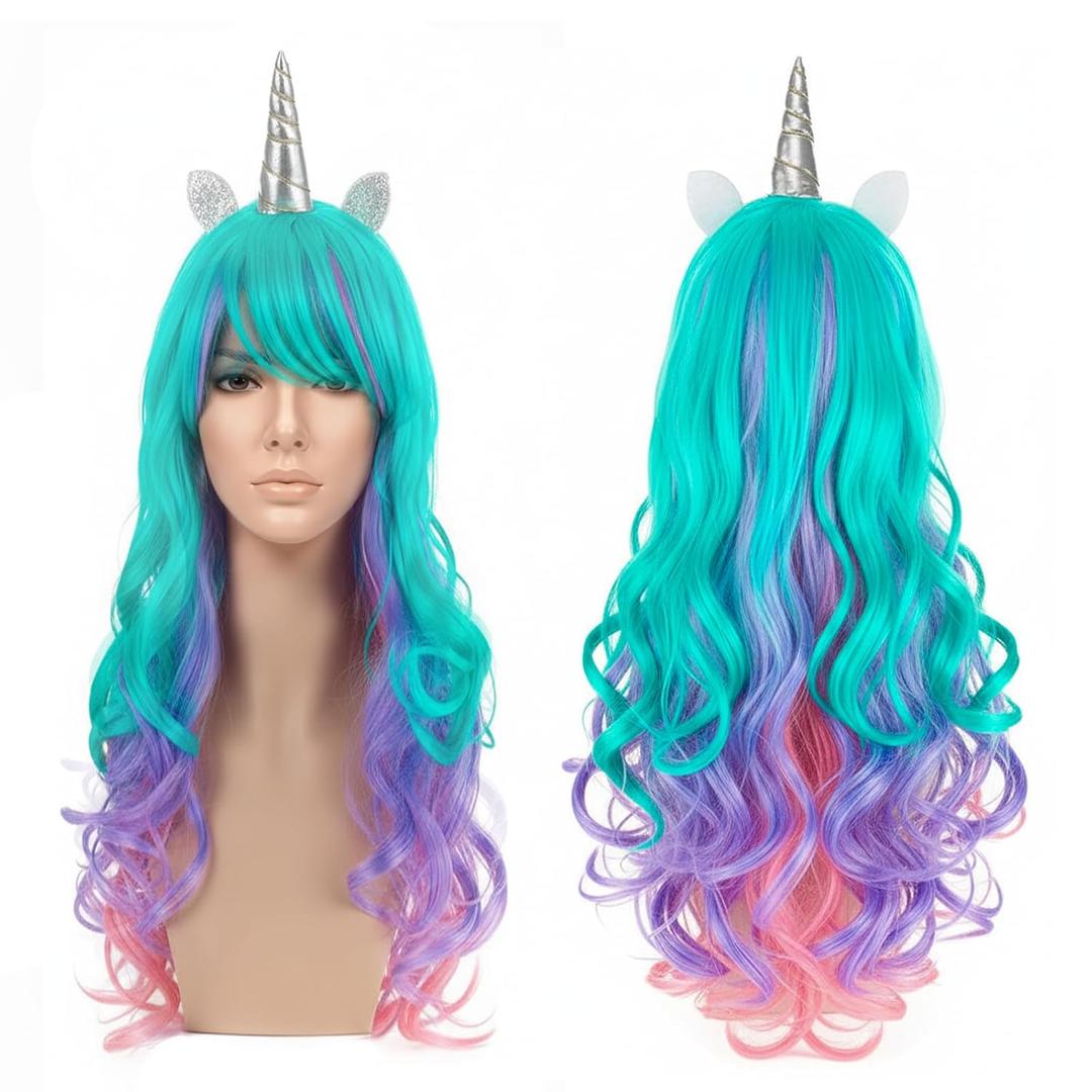 JOHOUSE 27.5 Inches Rainbow Hair Wig, Cosplay Wig Headpiece for Costume Cosplay Party Halloween, Full Long Curly Wavy(Green)