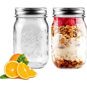 Showvigor 2 Pack Regular Mouth Mason Jars 16oz Glass Canning Jars with Airtight Lids for Preserving, Jam, Honey, Jelly, Wedding Favors, Sauces, Meal Prep, Overnight Oats, Salad