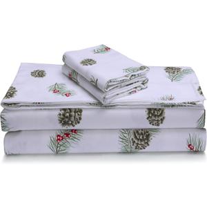 Tribeca Living Portuguese Cotton Flannel Sheets King Size - 170-GSM Deep Pocket Bed Sheet Set for Mattresses up to 21 Inches - 4 Piece Ultra-Soft Printed Bedding in Pine Cones and Berries