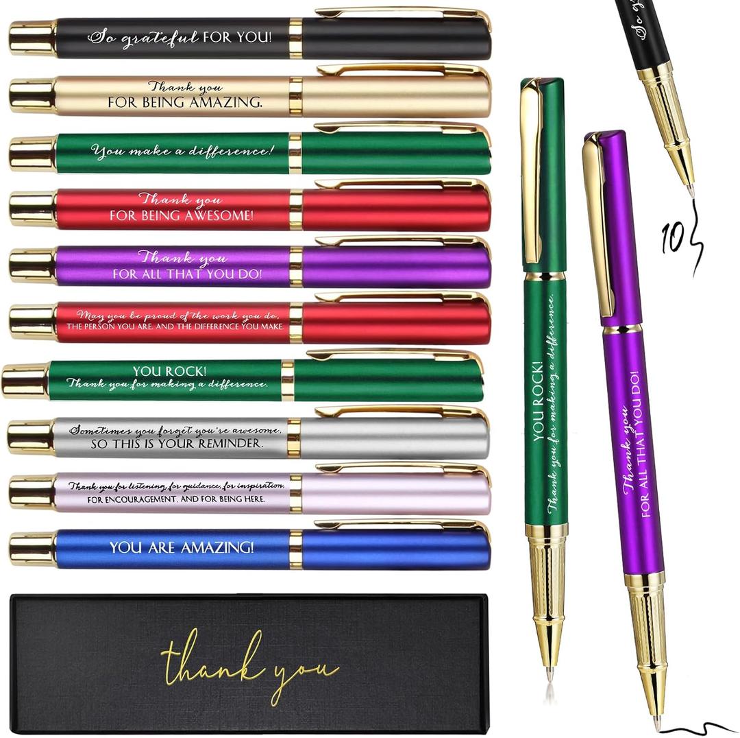 PerKoop 10 Sets Thank You Gifts Appreciation Pens with Boxes for Employee Coworker Teacher Nurse Team Prizes Office Supplies Bulk Inspirational Party Favors for Adults(Colorful,Mixed)