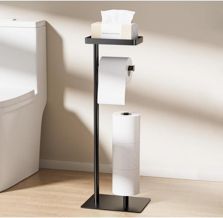 Freestanding Toilet Paper Holder Stand with Storage, Rustproof Metal Bathroom Paper Stand with Weighted Anti-Slip Base, Fits 4 Spare Rolls and Shelf for Phone & Small Items, No Drilling, Black-style a