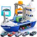 CUTE STONE Cargo Ship Toy & Gantry Crane, Toy Boat and Crane Playset with Sounds & Lights, Transport Containers, Push and Go Vehicle Cars, Kids Play Boats for Boys Girls