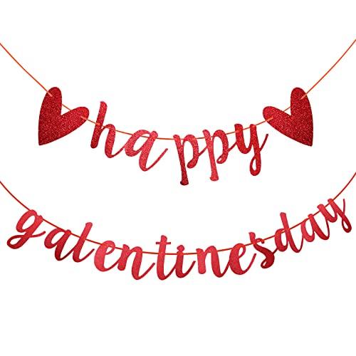 Happy Galentine's Day Banner, Red Glitter Heart & Galentine’s Day Garland Banner Sign for Ladies Girls Friends Valentine’s Day Party Decor, Break Up Party Favor Photo Props