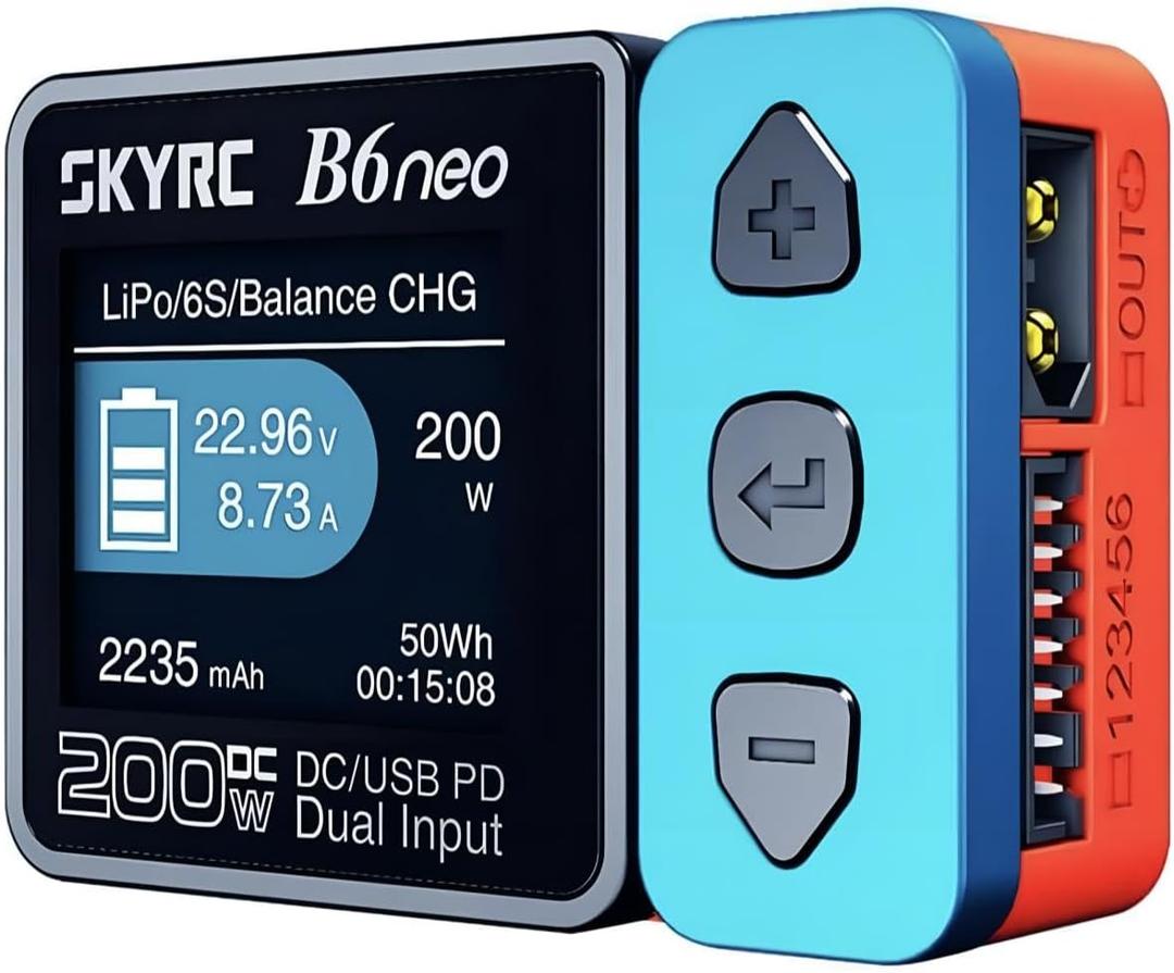 SKYRC B6Neo: Balance Lipo Battery Charger for 1S-6S Lipo/Li-Ion/LiHV, 1-15S NiMH/NiCd - DC 200W, PD 80W, Smart Battery Charger, Discharger and Storage (Blue-Red)