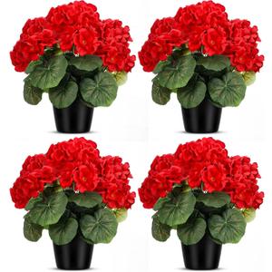 Zeyune 4 Pack Artificial Geranium Flowers for Outdoors Silk Flower UV Resistant Fake Plants Realistic Faux Flowers Outside for Home Kitchen Garden Patio Table Centerpiece(Red)