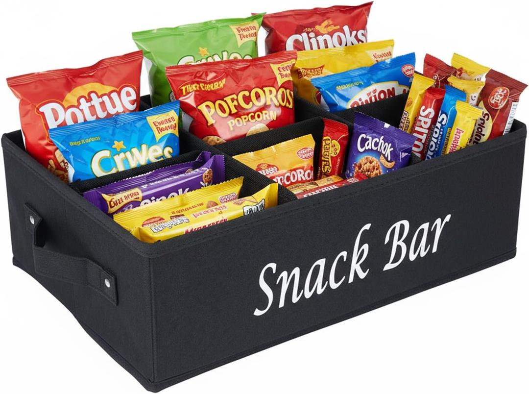 Snack Organizer for Countertop, Fabric Snack Organizer with Handles, 6 Compartment Snack Container Candy Storage, Foldable Snack Basket Tray, Kitchen Pantry Organizer and Storage (Black)