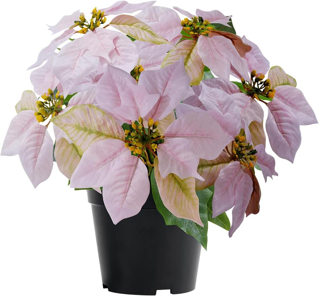 MELAJIA Artificial Pink Poinsettia Plant - 14Inch Faux Christmas Flowers for Indoor Outdoor Xmas Porch Garden Decorations