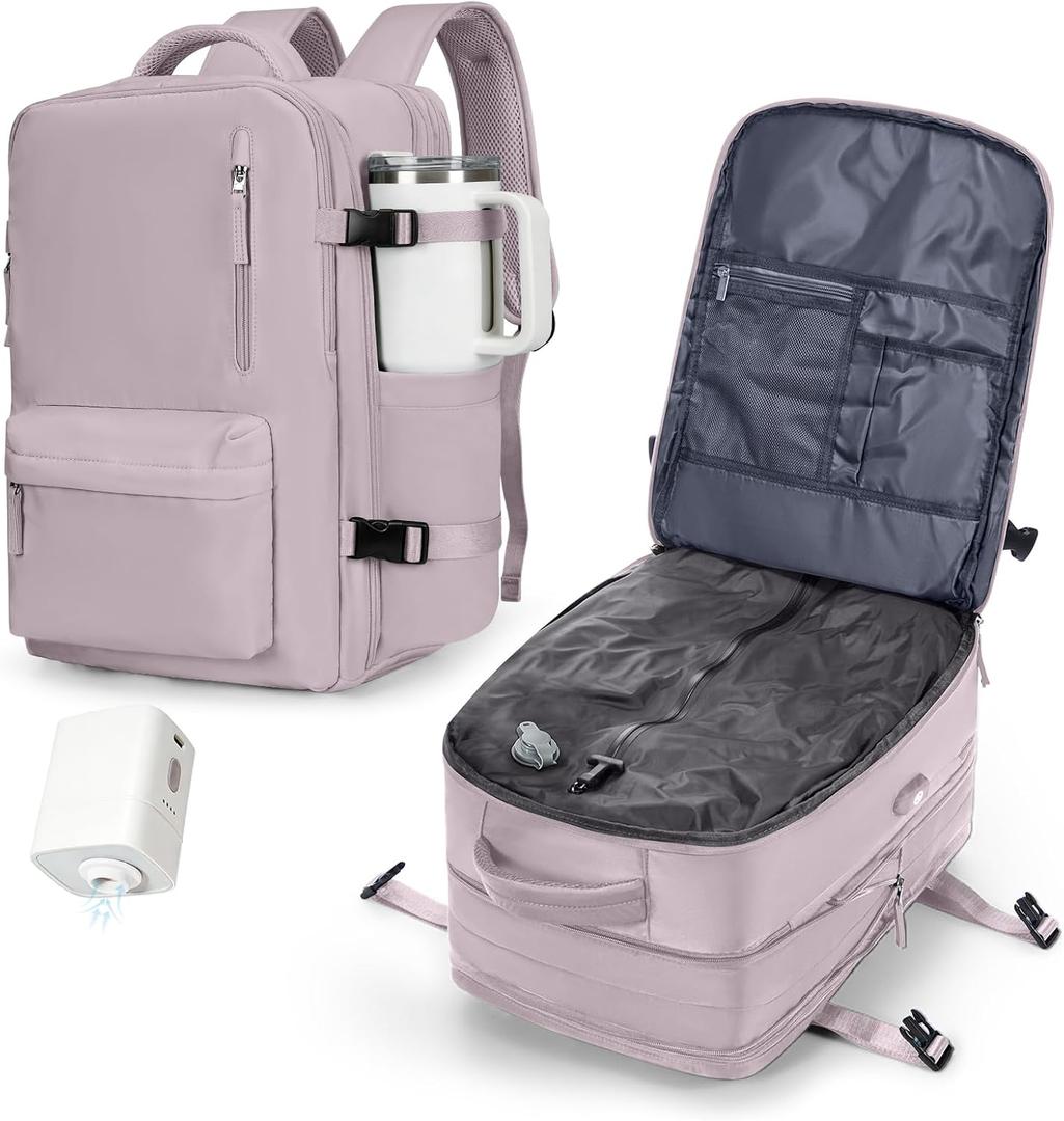 VECAVE Vacuum Backpack Travel with Pump, Expandable Personal Item Carry on Backpacks for Women Men, Laptop Waterproof Work Compression bags with USB Casual Daypack Pink (B55-(with Electric Air Pump))