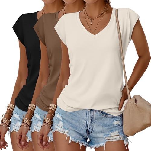 Huukeay 3 Pack Women’s V Neck T Shirts, Cap Sleeve Summer Casual Tops Loose Fit Short Sleeve Tees Basic Trendy Shirts M