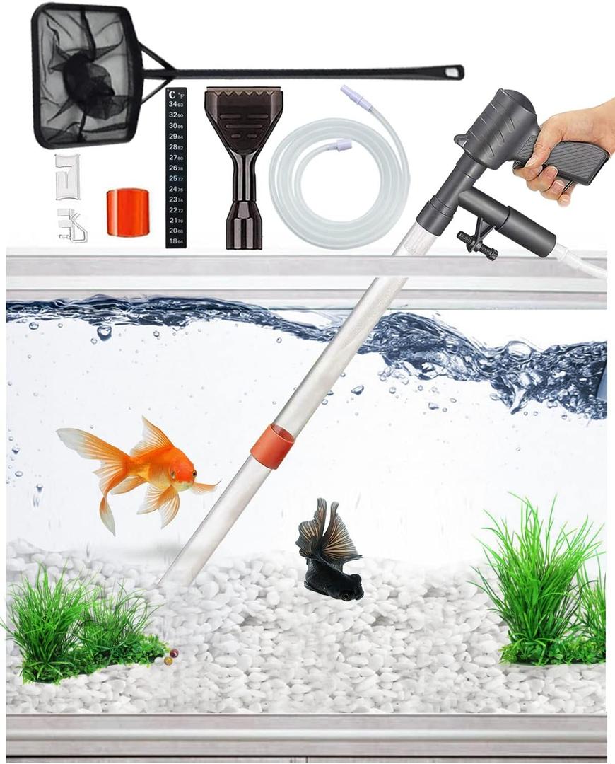 QZQ Aquarium Gravel Cleaner [2026 Edition] Vacuum Fish Tank Vacuum Cleaner Tools for Aquarium Water Changer with Aquarium Thermometers Fish Net kit Use for Fish Tank Cleaning Gravel and Sand