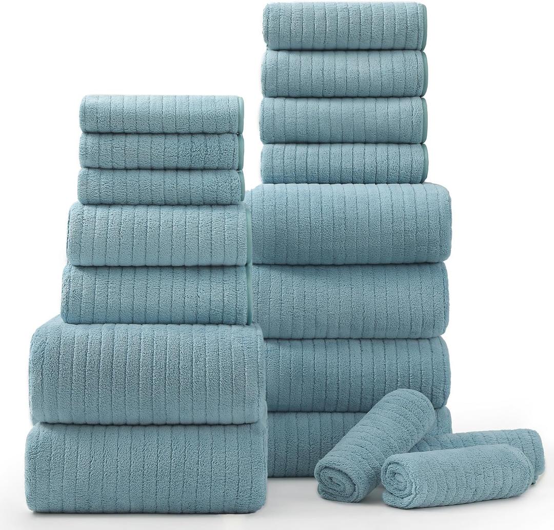 18 Piece Bath Towels Set,Soft Family Bathroom Towel Set with Hanging Loops-6 Bath Towels,6 Hand Towels,6 Washcloths,Highly Absorbent Quick Dry Shower Towel for Bathroom,Hotel,Spa-Turquoise Towel Set