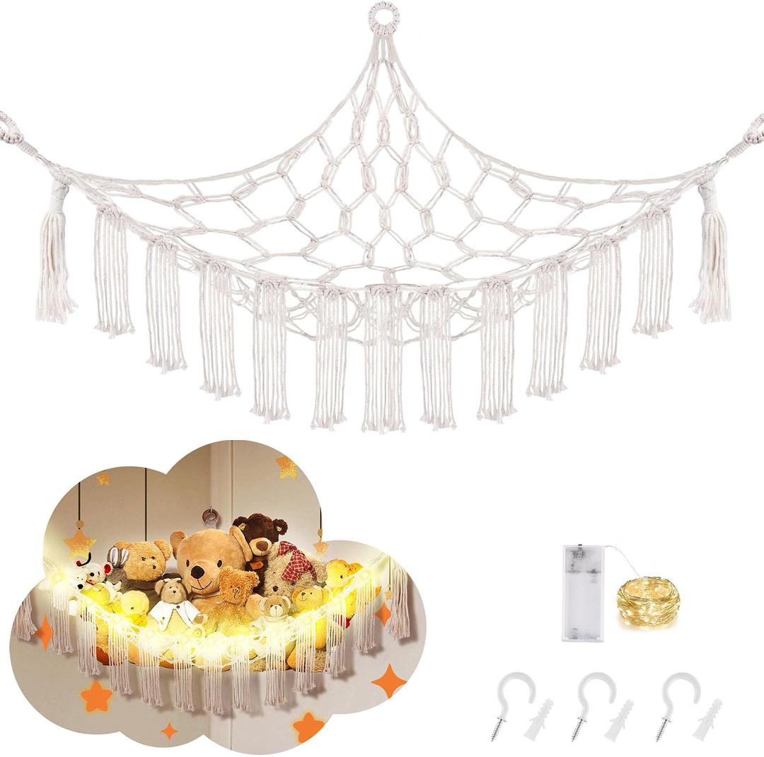 CERETIA Stuffed Animal Hammock with LED Light, Large Stuffed Animals Storage Corner Plushie Net for Kids Room Decor, Jumbo White