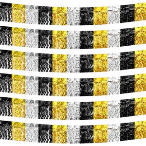 6P Gold Black Silver Wavy Metallic Foil Fringe Banner Tinsel Banner Backdrop Garland Curtains for Parade Floats Wedding Birthday Parties Decoration Halloween Christmas