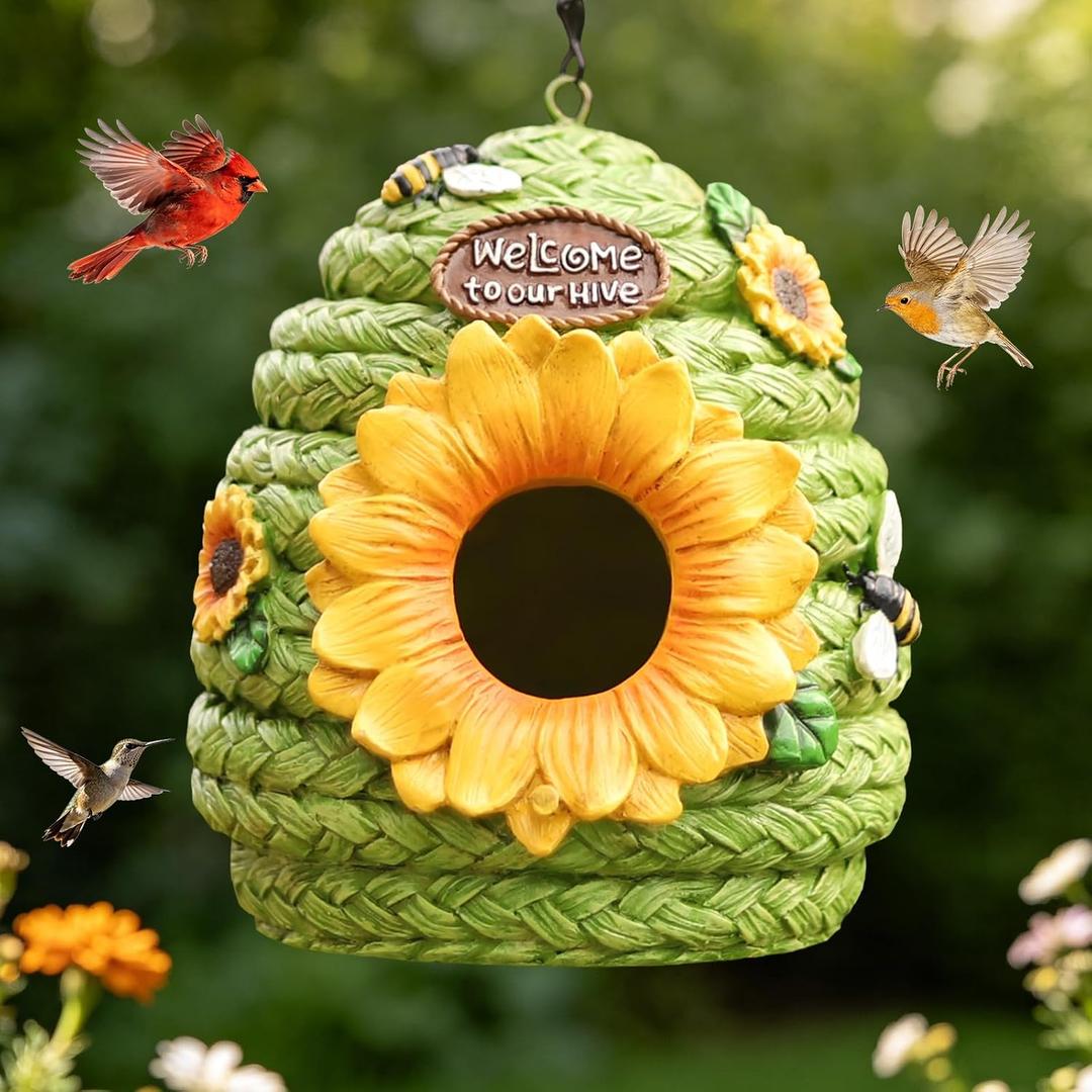 Bird Houses for Outside Green Cottage Resin Birdhouse, Garden Outdoor Decor Bird House with Sunflower and Bees, Birdhouses for Outdoors for Bluebird Finches Cardinals