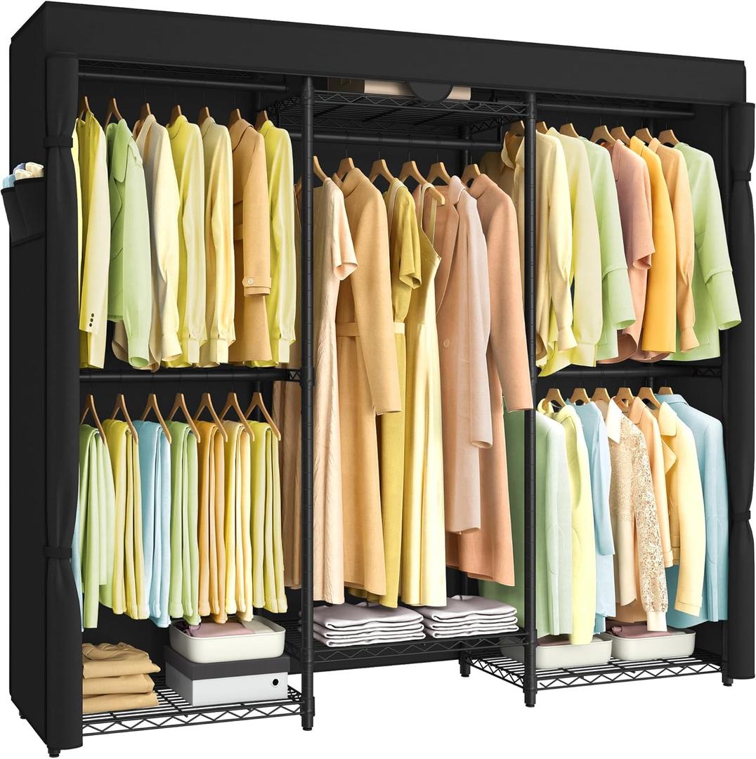 SONGMICS Heavy-Duty Clothes Rack, Garment Rack, Portable Closet, 68.7-Inch Wide Clothing Rack with Adjustable Mesh Shelves and Hanging Rails, Ink Black ULGR435B01 (with Fabric Cover)