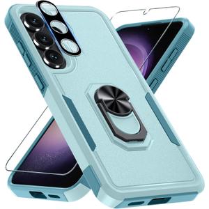 Janmitta for Samsung Galaxy S25 FE Case with Screen Protector+Camera Lens Protector,Heavy Duty Shockproof Full Body Protective Cover Built in Rotatable Metal Ring Holder Kickstand,2025 Mint Green