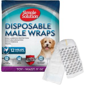 Simple Solution Disposable Male Wraps, Absorbent Leak Proof Belly Bands for Dogs, Incontinence Aid, Puppy Training, Marking Control, and Travel Protection, Toy Dogs, 9-14 Inch Waist, 30 Count