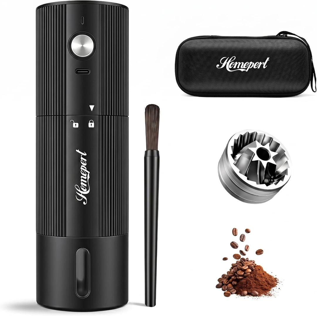 High-Speed Electric Burr Coffee Grinder, 1600mAh Rechargeable Battery Coffee Mill, Stainless Steel Burrs, 40 Settings for Pour-Over to Espresso, Cordless & Portable for Camping, Travel & More – Black