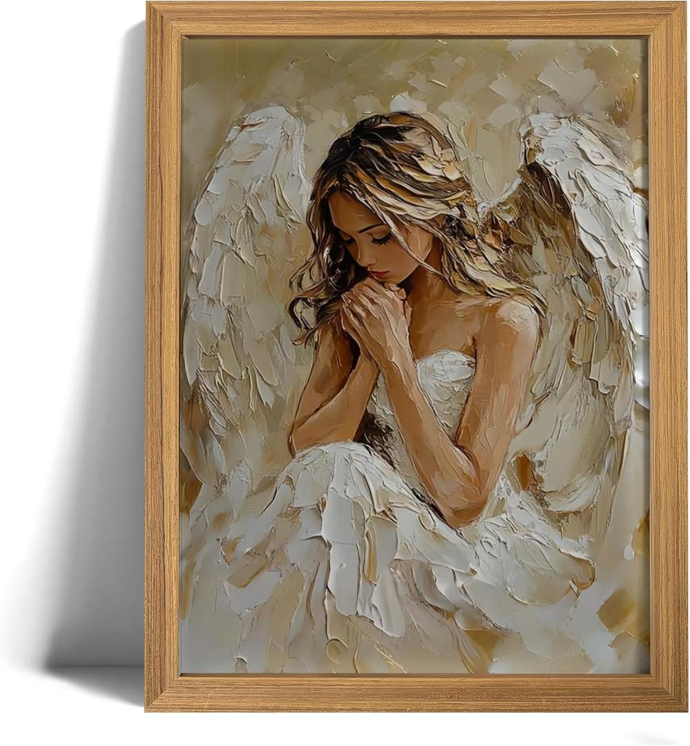 Praying Angel Wall Art  Spiritual Canvas Print, White Winged Angel Oil Painting Style Christian Religious Picture posterSpiritual White & Gold Wall Decor for Bedroom, Prayer Room, Christian Gift, Wood Frame 12x16in