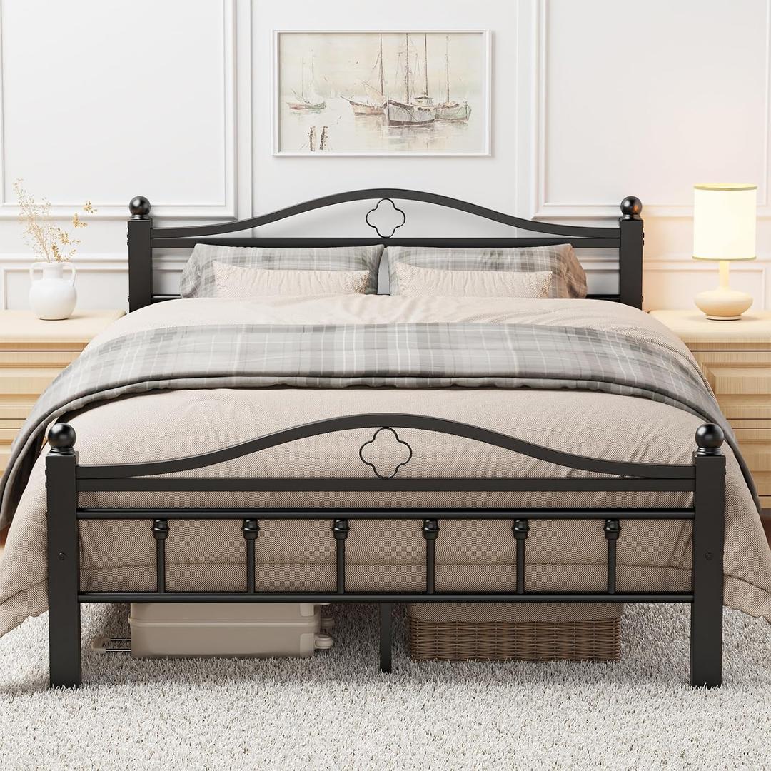 Metal Bed Frame Full with Vintage Headboard, 1500LBS Heavy Duty Full Size Bed Frames with Noise Free Design/12 Inch Under-Bed Storage Space/No Box Spring Needed/Tool-Free Assembly