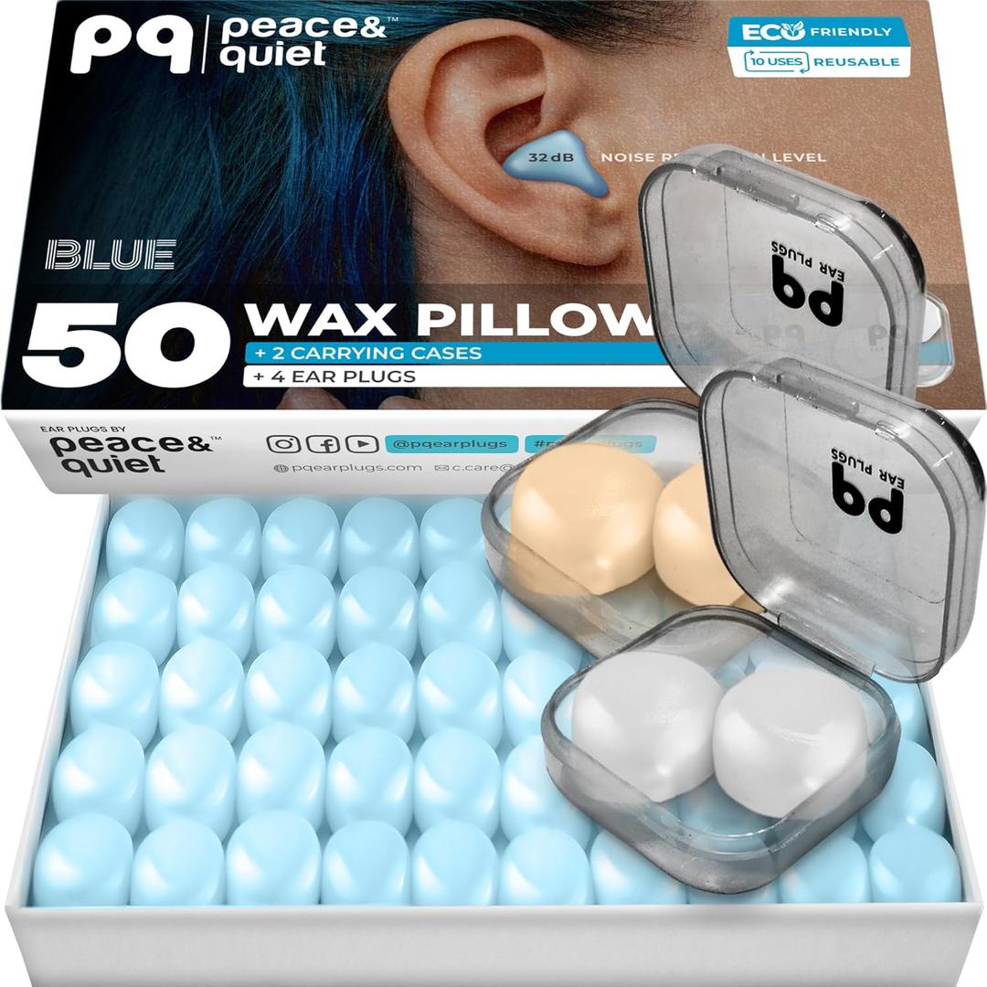 Peace&Quiet PQ Wax Ear Plugs for Sleeping, Swimming - 54 Noise Cancelling Silicone Gel Wax Earplugs, Ear Protection for Sleep and Swim, Soft Wax Pillows with Sound Blocking Level 32Db, (54 Pillows) (Blue)