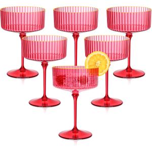 12 PCS Plastic Martini Glasses 10 oz Detachable Gold Rim Red Ribbed Coupe Glasses Vintage Christmas Martini Cocktail Glass for Bar, Margarita, Gin, Tequila, Desserts and Snacks
