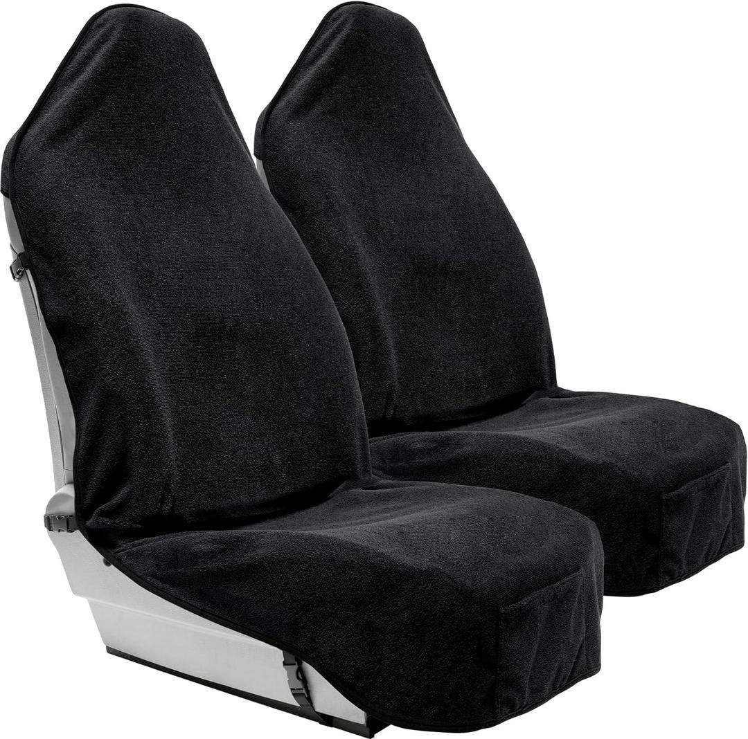 Season Guard Terry Cloth Sweat Towel Seat Cover; Carseat Towel Protector; Great for Gym Workout; Waterproof; Universal Fit for Car SUV Van Truck; EZ fit; Non Slip Grip; Machine Washable; 2pc Black