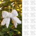 12 Pcs Fur White Christmas Tree Bow Decor Furry Farmhouse Bow Hanging Ornaments Rustic Boho Christmas Ball Decorations for Xmas Tree Indoor Outdoor Home Office Decor