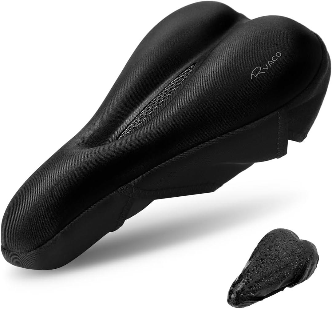 Ryaco Gel Bike Seat Cushion Cover - Breathable Comfortable Bicycle Saddle Cover Black with Water&Dust Resistant Cover Fits Spin, Stationary Exercise Bike, Outdoor or Indoor Cycling