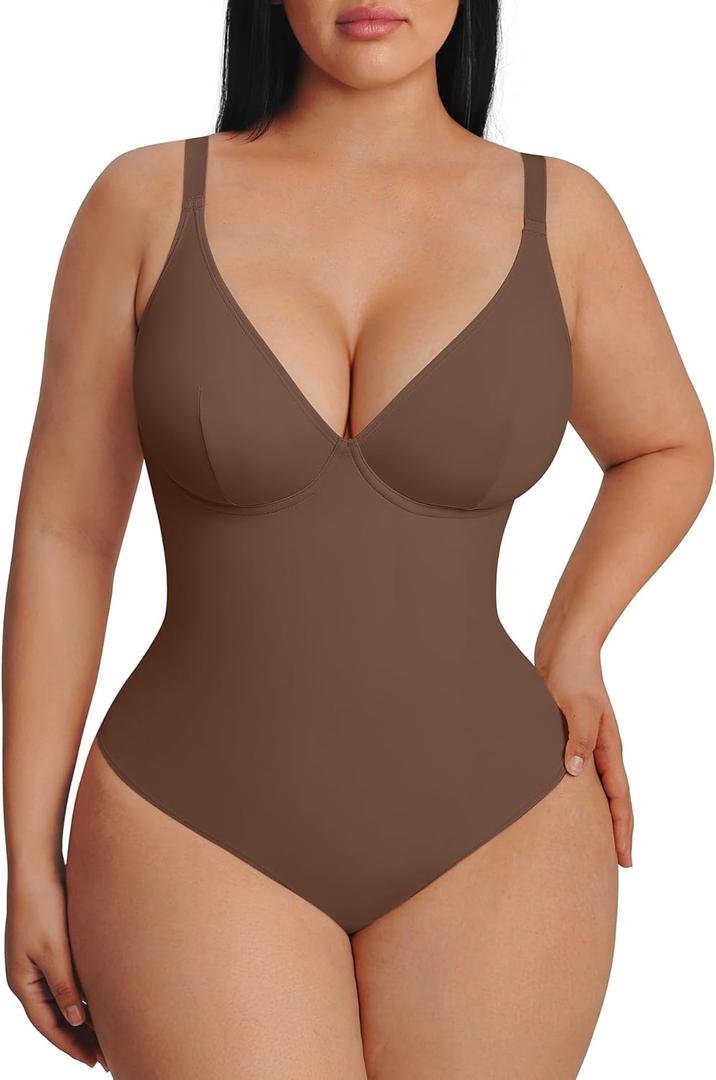 FeelinGirl Shapewear Bodysuits for Women Tummy Control Body Suits Deep V Neck Thong Body Shaper, X-Large