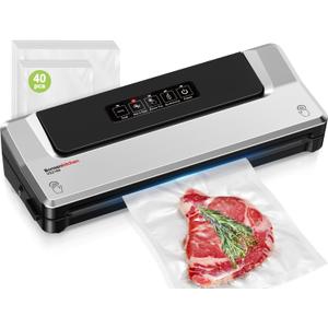 [Updated 2025] Bonsenkitchen Vacuum Sealer Machine + 40 Vacuum Bags, Fast-Compact/Multi-Functional Food Vacuum Sealer with External Vacuum System, Silver (Machine + 40 Bags)