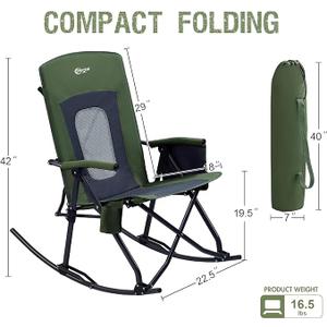 1pc Portal Oversized Folding Rocking Camping Chair Portable Outdoor Rocker with High Back Hard Armrests Carry Bag, Supports 400 lbs Mesh Green