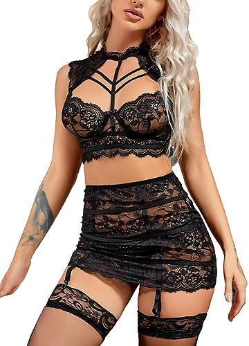 Ladies & Men's story Women Underwire 3 Piece Sexy Lingerie Collared Stretch Bustier & Garter Skirt Strappy Lace Bra Panty Set Size S