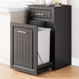 ZIFTY 13 Gallon Pull Out Trash Can Cabinet, Pet Proof Freestanding Kitchen Trash Bin Cabinet with Hideaway Drawer, Wooden Garbage Recycling, Laundry Hamper, Modern Farmhouse Waste Bin Furniture, Black