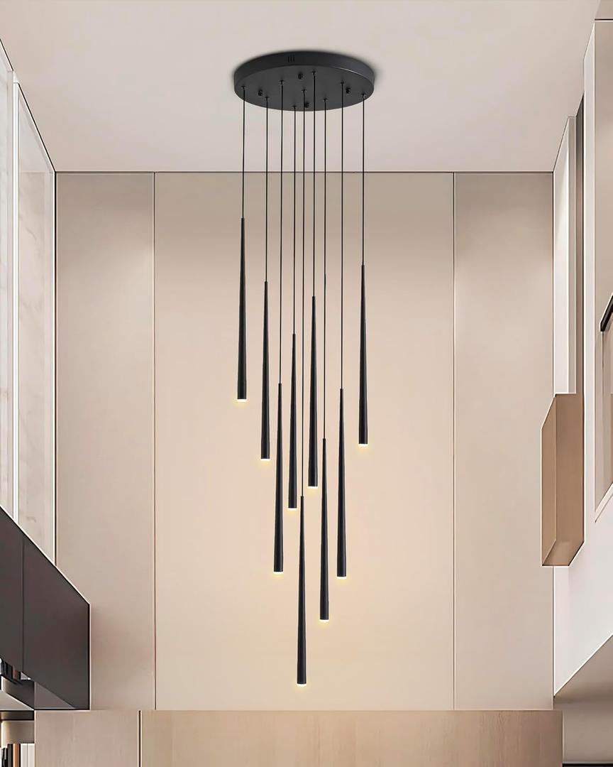 9-Light LED High Ceiling Chandelier, Modern Black Long Linear Pendant Chandelier for Staircase Entryway Foyer, Large Dimmable Hanging Light with 3 Color Temperatures