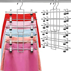 Pants Hangers with Clips,Space Saving Hanging Closet Organizer-6 Tiers Skirt Hangers with 360° Swivel Hook,Closet Organizer-Clothes Hangers- College Dorm Essentials Apartment Essentials- 2 Pack