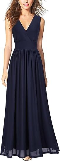 WOOSEA Women Sleeveless Deep V Neck Sexy Mesh Loose Maxi Casual Long Dress Navy Blue, XL 