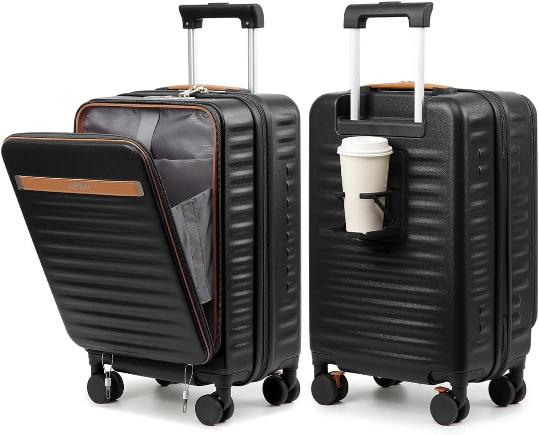 Joyway Carry on Luggage Airline Approved with Front Compartment and Cup Holder, 20 Inch Hard Shell Carry-on Suitcase with Spinner Wheels and TSA Lock for Women Men (Black)