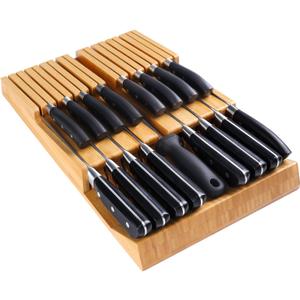 HHXRISE Knife Drawer Organizer, Bamboo In-Drawer Insert Knife Block Holds 16 Knives (Not Included) + Sharpener Slot, Detachable Washable Holder for Kitchen Knives Storage
