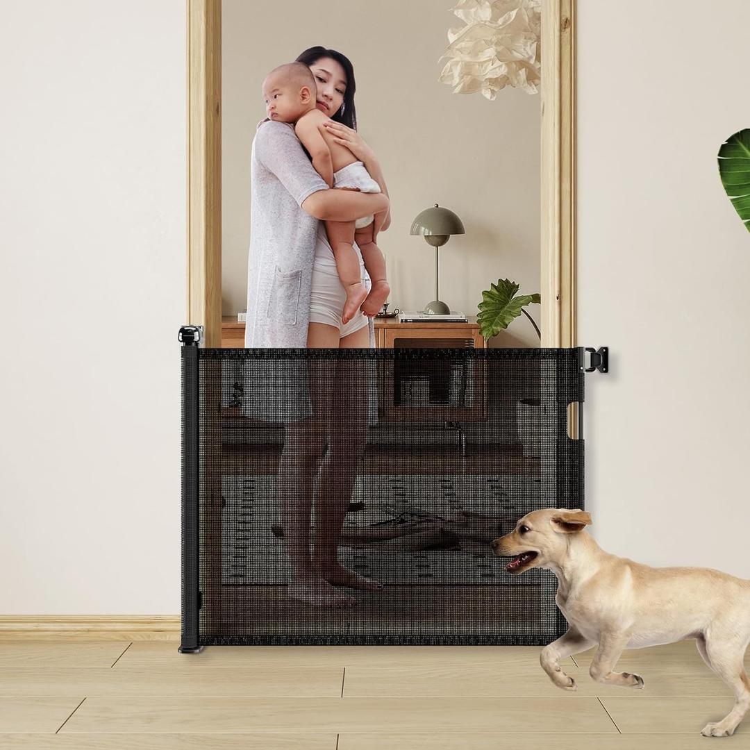 Retractable Baby Gate, Mesh Dog Gate for Doorways, Extends up to 55" Wide, 33" Tall Child Safety Gate for Doorways, Indoor & Outdoors, Stairs, Hallways, Black